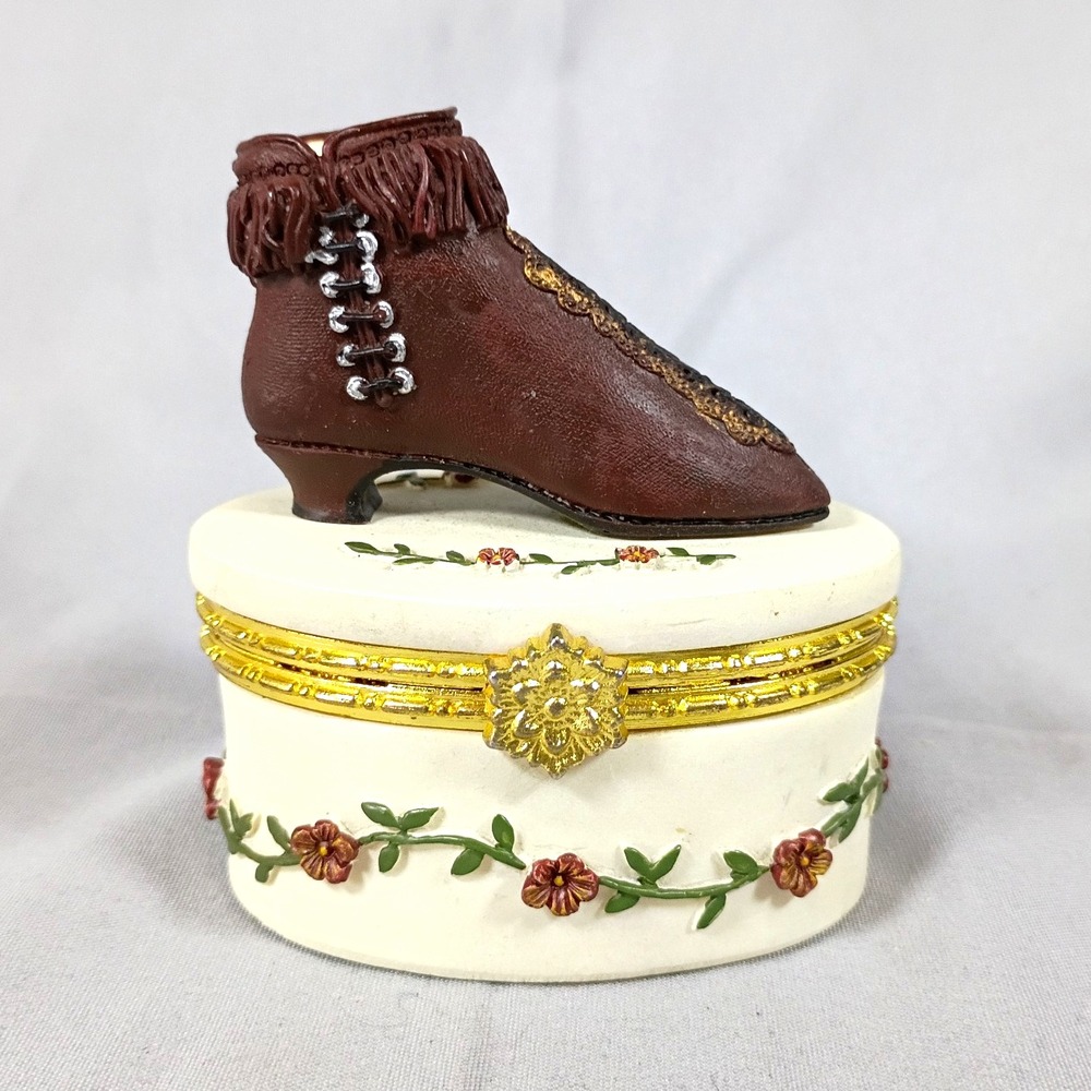 Vintage Victorian Boot Hinged Trinket Box Floral Lace Up Shoe Keepsake Ring Box